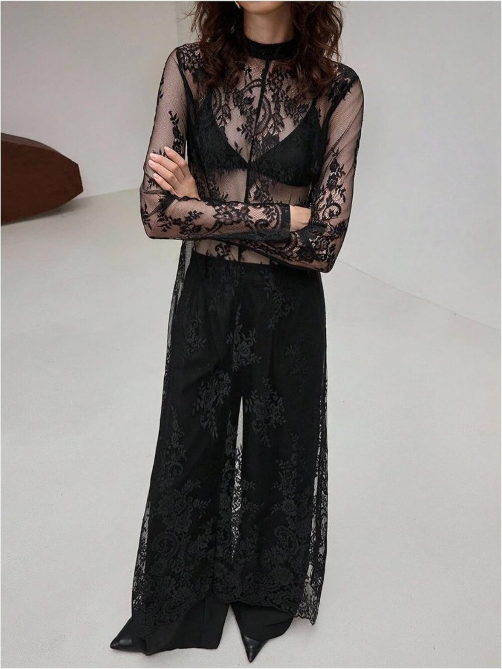 Women's Black Goth Floral Lace Sheer Dress Elegant Ruffle Long Sleeve Maxi Dress - Picture 3 of 5
